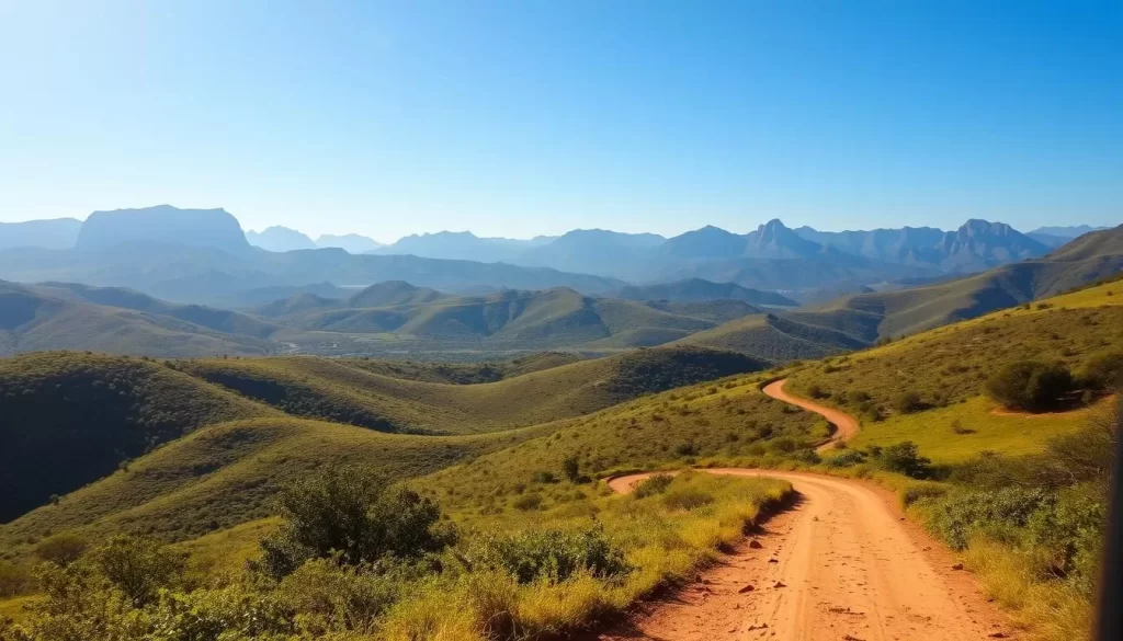 A picturesque landscape of Hluhluwe-iMfolozi Park in South Africa on a clear sunny day. Rolling hills covered in lush, verdant vegetation stretch out in the middle ground, with towering mountains rising majestically in the distant background. In the foreground, a winding dirt path leads the viewer's eye into the scene, perhaps a safari vehicle traversing the terrain. Warm, golden sunlight filters through the sky, casting a soft, inviting glow over the entire landscape. The scene exudes a sense of tranquility and natural beauty, perfectly capturing the essence of the best time to visit this remarkable park.