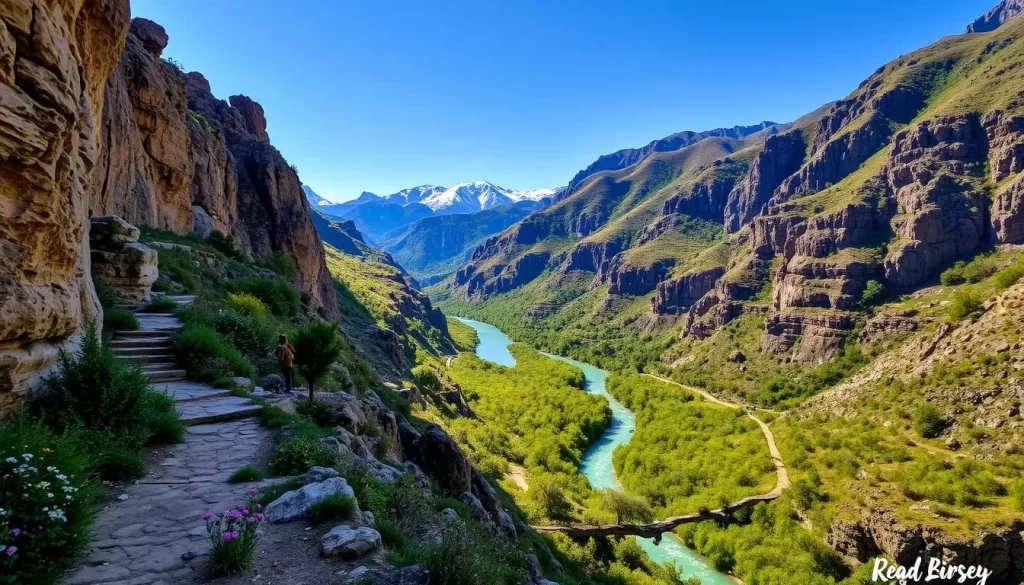A picturesque landscape of Köprülü Canyon National Park, Turkey, bathed in warm sunlight. In the foreground, a winding hiking trail leads visitors along the rocky canyon walls, offering breathtaking views of the turquoise river below. The middle ground showcases the lush, verdant foliage that lines the canyon, with patches of wildflowers adding pops of color. In the background, rugged mountain peaks stand tall, their snow-capped summits glimmering in the clear sky. The scene conveys a sense of tranquility and adventure, inviting visitors to explore the park during the optimal spring or autumn seasons when the weather is mild and the crowds are smaller.