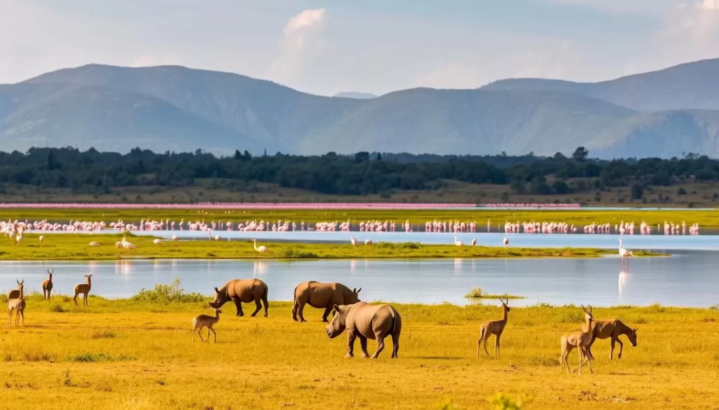 A picturesque landscape of Lake Nakuru, the alkaline soda lake in Kenya's Rift Valley. Capture the serene waters reflecting the surrounding hills, with vibrant pink flamingos dotting the shoreline. Showcase the diverse wildlife, including rhinos, gazelles, and various bird species, against a backdrop of lush, green vegetation. Utilize a wide-angle lens to convey the expansive nature of the park, while a shallow depth of field emphasizes the foreground subjects. Use natural lighting to create a warm, golden glow, accentuating the tranquil atmosphere. The resulting image should inspire viewers to explore the wonders of Lake Nakuru National Park.