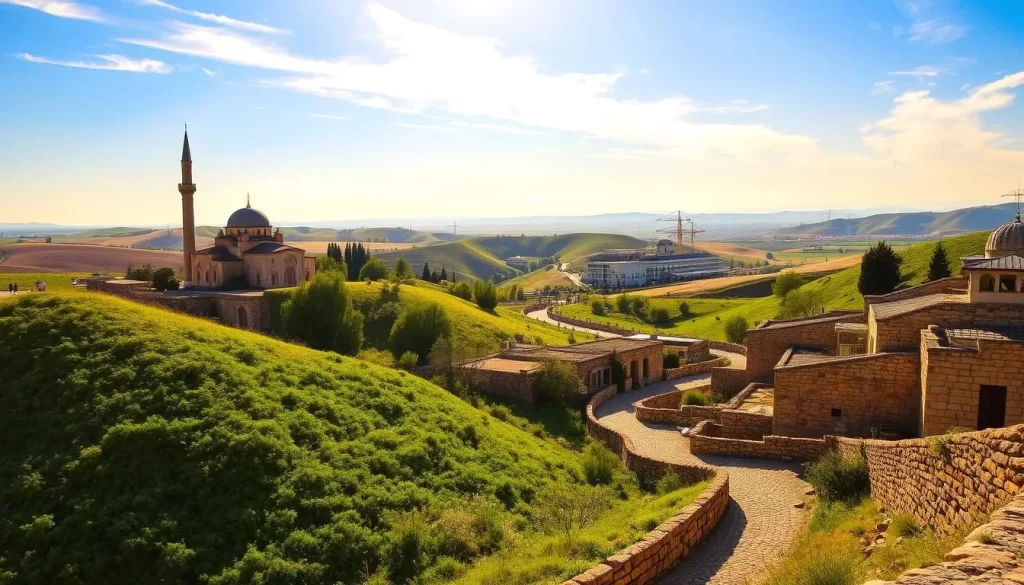 A picturesque landscape of Mardin, Turkey during the spring. In the foreground, lush green hills dotted with ancient stone buildings and winding cobblestone streets. In the middle ground, the iconic Mardin Ulu Mosque and its towering minaret rise majestically against a clear, azure sky. The background features the rolling Mesopotamian plains, hazy in the distance. Warm, golden sunlight filters through wispy clouds, casting a soft, inviting glow over the scene. Capture the vibrant colors, historic charm, and serene atmosphere that make Mardin an ideal destination to visit during this beautiful time of year.
