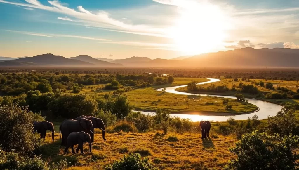 A picturesque landscape of Meru National Park showcasing the enchanting transition of seasons. In the foreground, a herd of elephants peacefully grazes against a backdrop of lush, verdant vegetation, hinting at the park's abundant wildlife. The middle ground features a meandering river reflecting the golden glow of the sun, casting a warm, tranquil atmosphere. In the distance, rolling hills and towering mountains are capped with wispy clouds, suggesting the park's diverse and dramatic topography. The scene is illuminated by soft, natural lighting, creating a serene and inviting ambiance that captures the essence of the best time to visit Meru National Park.