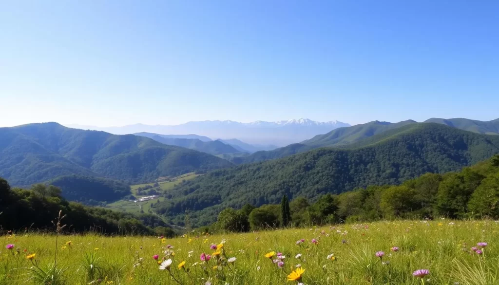 A picturesque landscape of Miaoli County, Taiwan on a pleasant spring day. In the foreground, a lush green meadow dotted with colorful wildflowers sways gently in the soft breeze. In the middle ground, rolling hills draped in verdant foliage rise up, their slopes kissed by the warm sunlight. In the distance, the majestic peaks of the Central Mountain Range stand tall, their snow-capped summits shimmering under the clear azure sky. A peaceful, tranquil atmosphere pervades the scene, inviting the viewer to bask in the natural beauty of this idyllic destination.