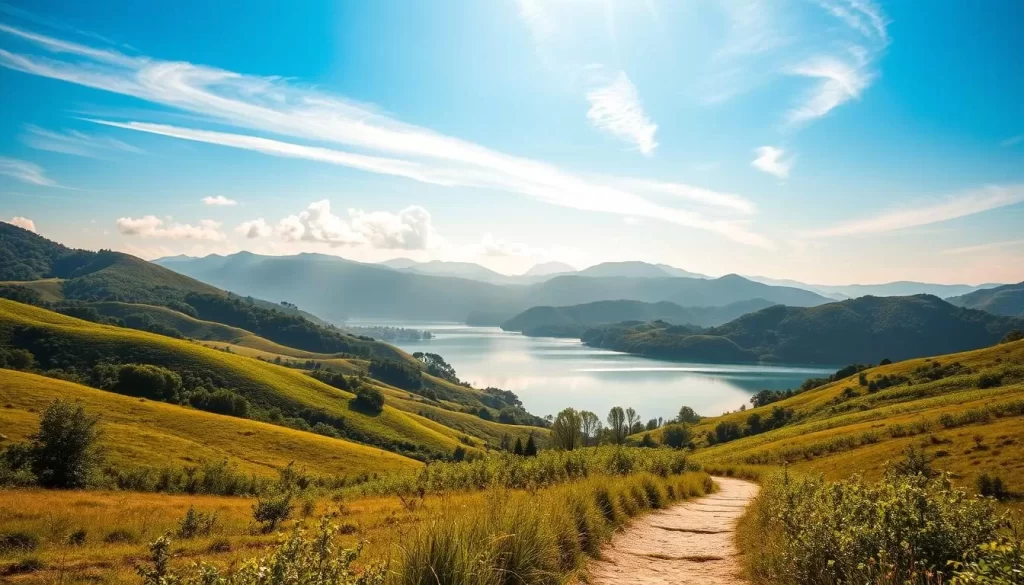 A picturesque landscape of North Chungcheong Province, South Korea, bathed in warm, golden sunlight. Rolling hills covered in lush, verdant foliage stretch out before a majestic mountain range in the distance. A serene lake reflects the surrounding scenery, its calm waters mirror-like. Wispy clouds drift across a clear, azure sky. In the foreground, a path winds through the idyllic countryside, inviting the viewer to explore the region's natural beauty. The overall scene exudes a sense of tranquility and harmony, capturing the essence of North Chungcheong Province's pleasant, temperate climate.
