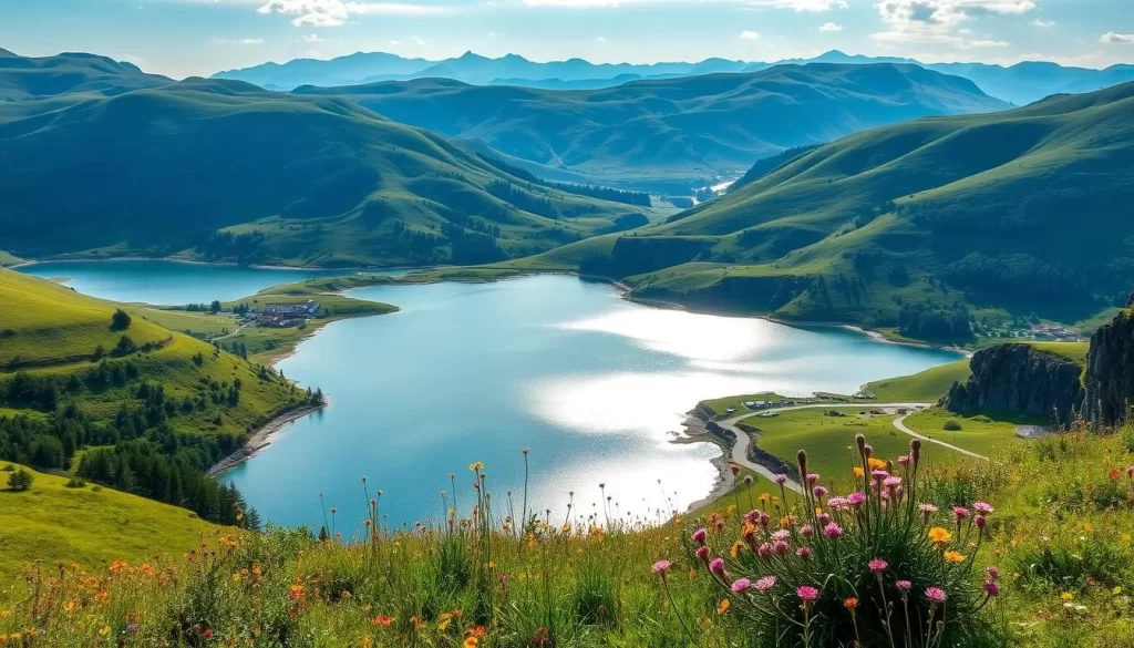 A picturesque landscape of Seewinkel National Park in Austria, showcasing its rolling hills, tranquil lakes, and lush meadows. Capture the serene atmosphere with soft, natural lighting illuminating the scene. Render the details meticulously, from the glistening water's edge to the vibrant wildflowers dotting the foreground. Emphasize the park's natural beauty, inviting the viewer to immerse themselves in this breathtaking outdoor haven. Convey a sense of peace and wonder, enticing exploration of this remarkable protected area.