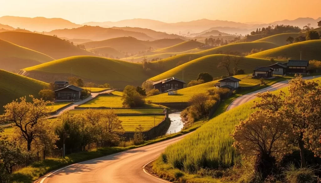 A picturesque landscape of South Jeolla Province, South Korea, bathed in warm, golden sunlight. Lush, rolling hills covered in verdant rice paddies stretch out to the horizon, interrupted by the occasional traditional hanok house with its distinctive tiled roofs. In the foreground, a winding country road leads the viewer deeper into this serene, rural setting, flanked by vibrant persimmon orchards and mature chestnut trees. The mid-ground features a tranquil stream reflecting the surrounding natural beauty, while in the distance, the silhouettes of distant mountain ranges rise up, creating a sense of depth and mystery. The overall mood is one of peaceful contemplation, inviting the viewer to immerse themselves in the hidden charms of this captivating Korean province.