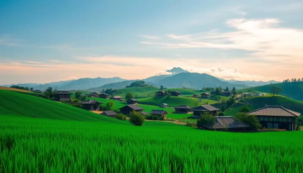 A picturesque landscape of South Jeolla Province, South Korea, during a sunny day. In the foreground, a lush, verdant rice paddy stretches out, its emerald hues complemented by the soft azure sky above. In the middle ground, traditional hanok houses dot the rolling hills, their tiled roofs and wooden beams creating a harmonious blend of natural and architectural elements. The background features the silhouettes of distant mountains, their peaks capped with wispy clouds that filter the warm, golden sunlight. The overall scene conveys a sense of tranquility and serenity, capturing the essence of South Jeolla Province's temperate, weather-friendly climate.