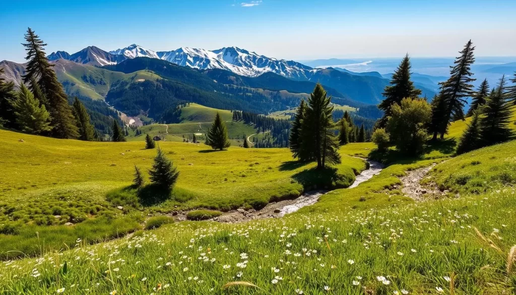 A picturesque landscape of Uludağ National Park, Turkey's premier mountain paradise. In the foreground, a lush alpine meadow dotted with wildflowers sways gently in the breeze. A crystal-clear stream meanders through the verdant scenery. In the middle ground, the majestic slopes of Uludağ rise majestically, their snow-capped peaks glistening under the warm, golden sunlight. Towering pine and fir trees line the mountainsides, creating a serene, natural atmosphere. In the background, the distant horizon is framed by a clear, azure sky, completing the idyllic, peaceful scene. Capture the essence of Uludağ's stunning natural beauty with this breathtaking vista.