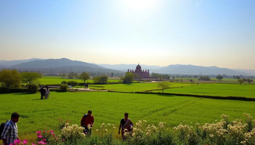 A picturesque landscape of Uttar Pradesh, India during the pleasant spring season. The scene showcases the region's natural beauty, with lush green fields, blooming flowers, and a clear blue sky. In the foreground, a group of locals are engaged in their daily activities, offering a glimpse into the vibrant culture. The middle ground features rolling hills and the silhouette of a historic monument, hinting at the state's rich heritage. The background is illuminated by warm, golden sunlight, creating a serene and inviting atmosphere. The overall composition captures the essence of Uttar Pradesh as an ideal destination for a weather-savvy trip.