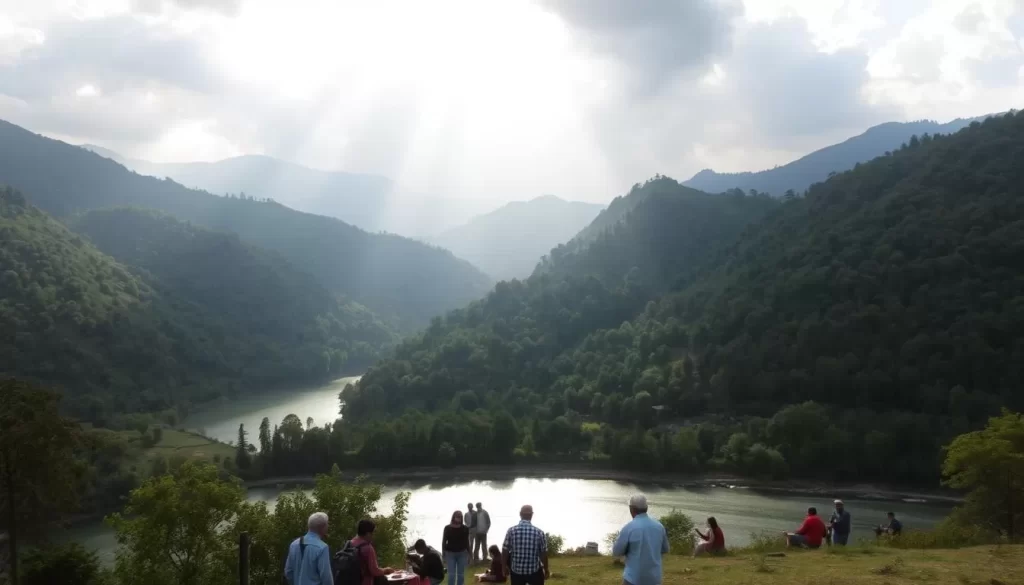 A picturesque landscape of Uttarakhand, India on a pleasant day. Rolling hills and lush green forests in the background, with a serene lake or river in the middle ground. Sunlight filters through the clouds, casting a warm, golden glow over the scene. In the foreground, a group of people enjoying outdoor activities like hiking, picnicking, or boating, capturing the beauty and tranquility of the region. The overall atmosphere is one of natural splendor and calm, reflecting the best months for a weather-savvy trip to Uttarakhand.