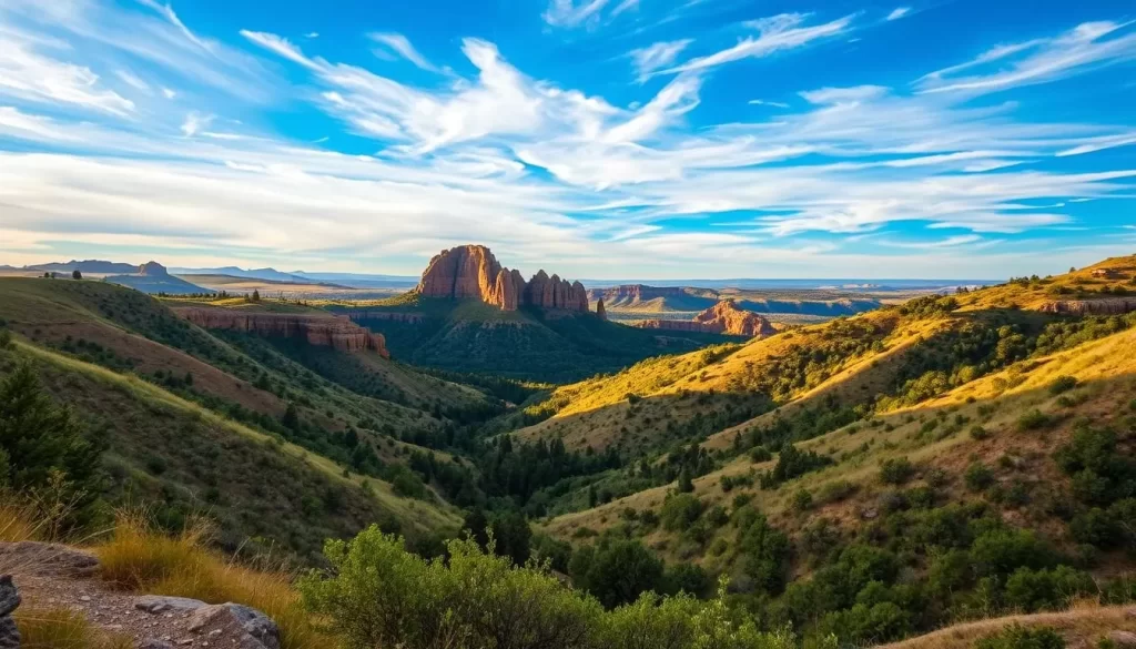 A picturesque landscape of Wind Cave National Park in South Dakota, capturing the essence of its natural beauty. In the foreground, the rolling hills are adorned with lush, verdant vegetation, inviting visitors to explore the diverse terrain. The middle ground showcases the majestic limestone formations, sculpted by the elements over centuries, casting dramatic shadows under the warm, golden sunlight. In the distance, the sky is a serene blend of azure and wispy clouds, creating a tranquil and inviting atmosphere. The scene conveys a sense of adventure, wonder, and the sublime power of nature, perfectly encapsulating the theme of "Discovering Wind Cave National Park."