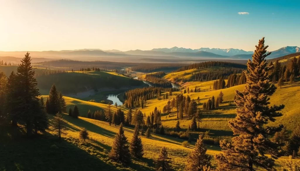 A picturesque landscape of the Black Hills in South Dakota during the summer months. A vast expanse of rolling green hills, dotted with towering pines, stretches out before the viewer. Warm, golden sunlight filters through the trees, casting a soft, inviting glow over the scene. In the distance, majestic peaks rise up, their snow-capped summits gleaming in the bright sky. A crystal-clear river winds its way through the valley, its gentle waters reflecting the surrounding beauty. The overall atmosphere is one of serenity and tranquility, inviting the viewer to immerse themselves in the natural splendor of this picturesque region.