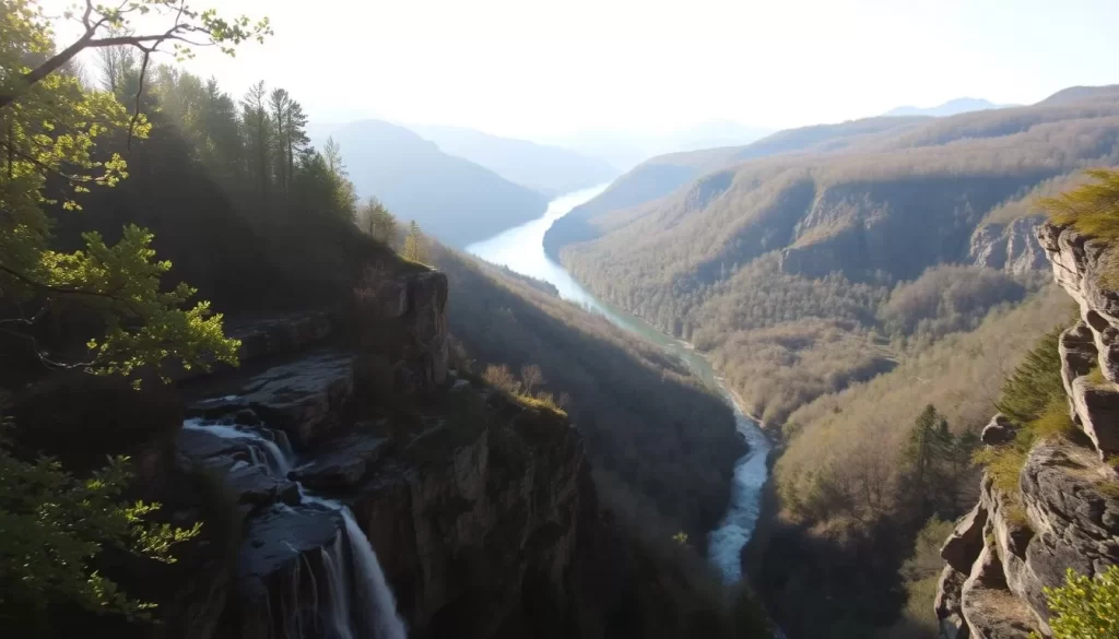 A picturesque landscape of the Delaware Water Gap National Recreation Area, with dramatic cliffs, lush forests, and a serene river winding through the valley. In the foreground, sunlight filters through the canopy of trees, casting a warm glow over the mossy rocks and cascading waterfalls. The middle ground showcases the majestic Delaware River, its azure waters reflecting the surrounding peaks. In the distance, the rugged Appalachian Mountains rise up, their jagged silhouettes creating a stunning backdrop. Capture the tranquility and natural beauty of this protected wilderness, with a soft, hazy atmosphere and a sense of adventure.