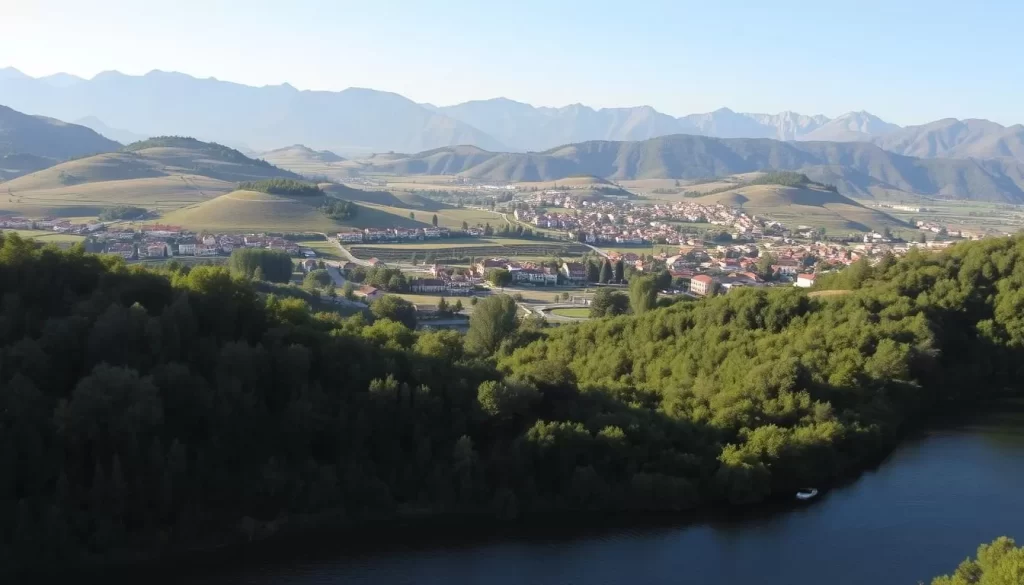 A picturesque landscape of the İğneada region, Turkey, captured under the warm glow of a sun-dappled afternoon. In the foreground, a tranquil lake or river winds its way through a lush, verdant forest, with the gentle ripples of the water reflecting the surrounding foliage. In the middle ground, rolling hills and undulating terrain are dotted with charming villages, their traditional architecture and quaint streets beckoning exploration. The background is dominated by a range of majestic mountains, their peaks bathed in a soft, hazy light, creating a sense of depth and grandeur. The overall scene exudes a serene, inviting atmosphere, perfect for a day trip from the nearby town of İğneada, immersing visitors in the natural beauty and charm of this captivating region.