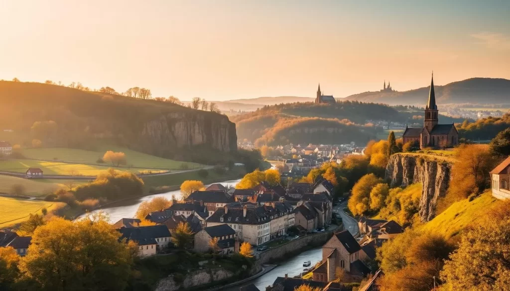 A picturesque landscape of the Meuse Valley in Belgium, bathed in warm, golden sunlight. In the foreground, a quaint village nestled along the winding river, its charming stone buildings and cobblestone streets inviting exploration. Towering cliffs and lush, verdant hillsides rise up in the middle ground, creating a sense of depth and grandeur. In the distance, the horizon is dotted with the spires of historic churches and the silhouettes of ancient castles, hinting at the rich cultural heritage of the region. The scene exudes a serene, idyllic atmosphere, capturing the timeless appeal and natural beauty of the Meuse Valley.