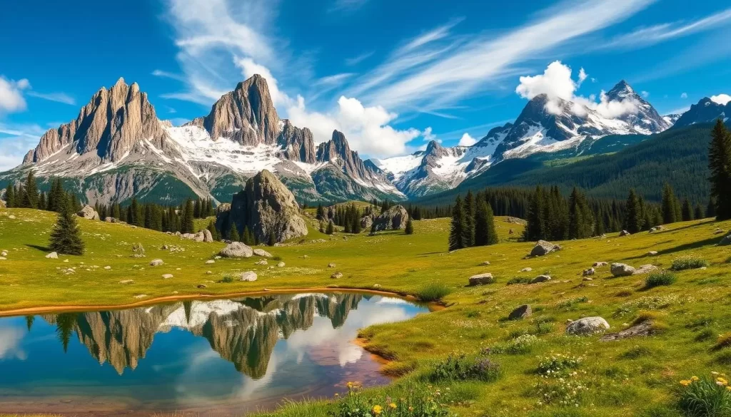 A picturesque landscape of the majestic Tatra Mountains, Poland's alpine gem. In the foreground, a pristine alpine lake reflects the towering peaks, their jagged silhouettes reaching skyward. Vibrant green meadows dotted with wildflowers surround the lake, inviting exploration. In the middle ground, rugged rock formations and lush pine forests create a dramatic contrast. The background is dominated by the snow-capped summits, bathed in warm, golden sunlight that filters through wispy clouds. The scene exudes a serene, awe-inspiring atmosphere, capturing the untamed beauty of this natural wonder.