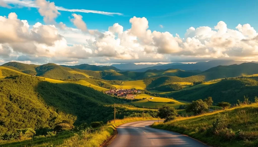 A picturesque landscape of the rolling hills and lush greenery of Changhua County, Taiwan, bathed in warm, golden sunlight. In the foreground, a winding country road leads the eye towards a charming village nestled between the verdant hills. Fluffy white clouds drift across a vibrant azure sky, creating dynamic shadows and highlights that dance across the scene. The overall atmosphere is serene, tranquil, and inviting, capturing the essence of the ideal weather-savvy trip to this enchanting region.