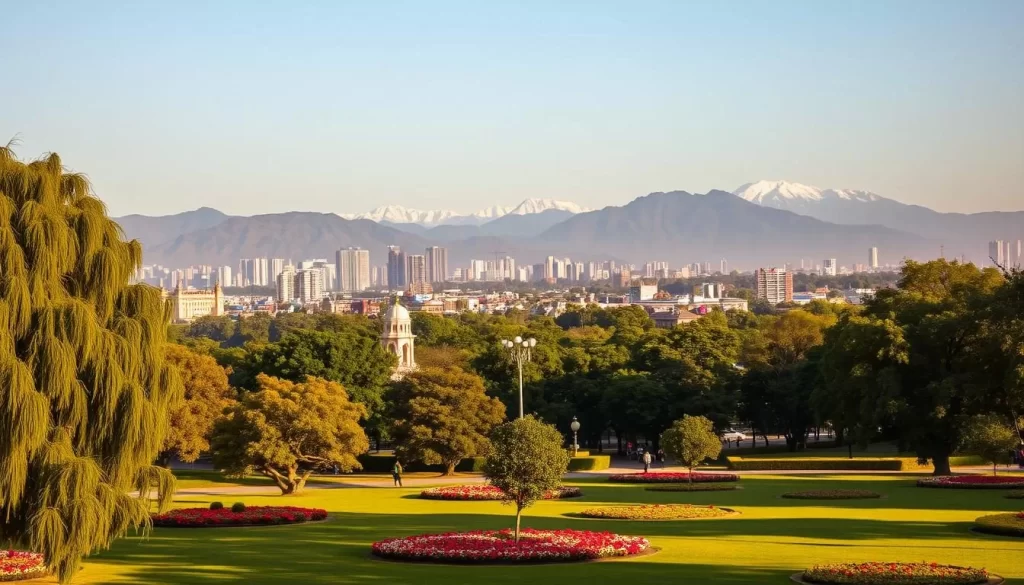 A picturesque landscape showcasing the distinctive temperature variations in Chandigarh, India. In the foreground, a lush green park with towering trees and vibrant flower beds, bathed in warm golden sunlight. The middle ground features a bustling city skyline, with a mix of modern high-rises and colonial-style buildings, their colors shifting from vibrant hues in the warmer seasons to muted tones in the cooler months. The background is dominated by the majestic Shivalik Hills, their peaks transitioning from snow-capped in winter to lush greenery in the summer. The scene conveys the dynamic and temperate nature of Chandigarh's climate, inviting the viewer to experience the city's diverse seasonal charms.