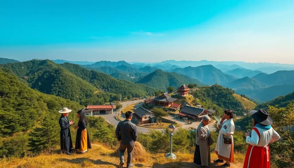 A picturesque landscape showcasing the diverse Korean dialects. Centered is a serene mountainous region, with lush green forests and winding roads. In the foreground, regional attired figures engage in lively conversation, their gestures and expressions conveying the nuances of their respective dialects. The middle ground features a quaint village, its traditional architecture and colorful signage hinting at the unique linguistic tapestry. In the distance, rolling hills and a clear blue sky create a harmonious backdrop, embodying the tranquility of the Gangwon Province. Soft, warm lighting illuminates the scene, enhancing the sense of cultural richness and diversity. Captured with a wide-angle lens, the image presents a comprehensive visual representation of the comparison between the Gangwon dialect and other Korean linguistic variations.