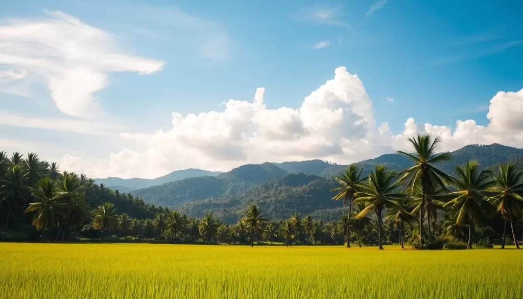 A picturesque landscape showcasing the diverse climate of Odisha, India. In the foreground, lush, verdant paddy fields stretch out, bathed in warm, golden sunlight. In the middle ground, clusters of swaying palm trees sway gently in a cool, coastal breeze. Beyond, rolling hills dotted with dense, emerald forests rise up, their peaks obscured by wispy clouds. The sky, a vibrant azure, is punctuated by the occasional fluffy white cumulus formation. The scene conveys a sense of tranquility and balance, reflecting the year-round temperate climate of Odisha.