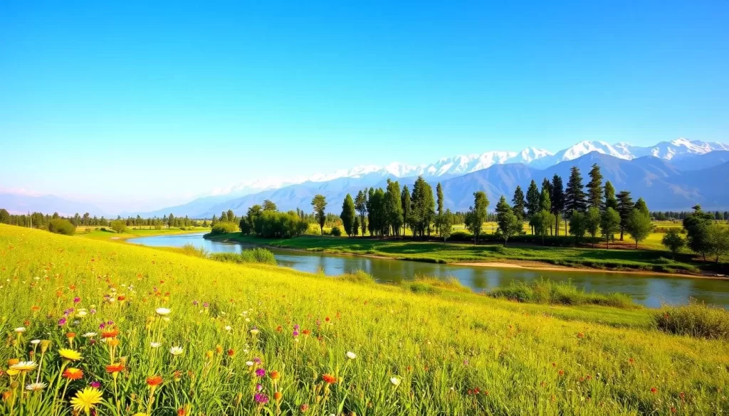 A picturesque landscape showcasing the diverse climate of Uttar Pradesh, India. In the foreground, a lush green meadow dotted with vibrant wildflowers sways gently in a warm, gentle breeze. The middle ground features a winding river reflecting the clear, blue sky above, its banks lined with towering, verdant trees. In the background, a range of majestic, snow-capped Himalayan mountains stand tall, bathed in soft, golden sunlight. The scene conveys a sense of tranquility and harmony, capturing the serene and varied climate of this captivating Indian state.