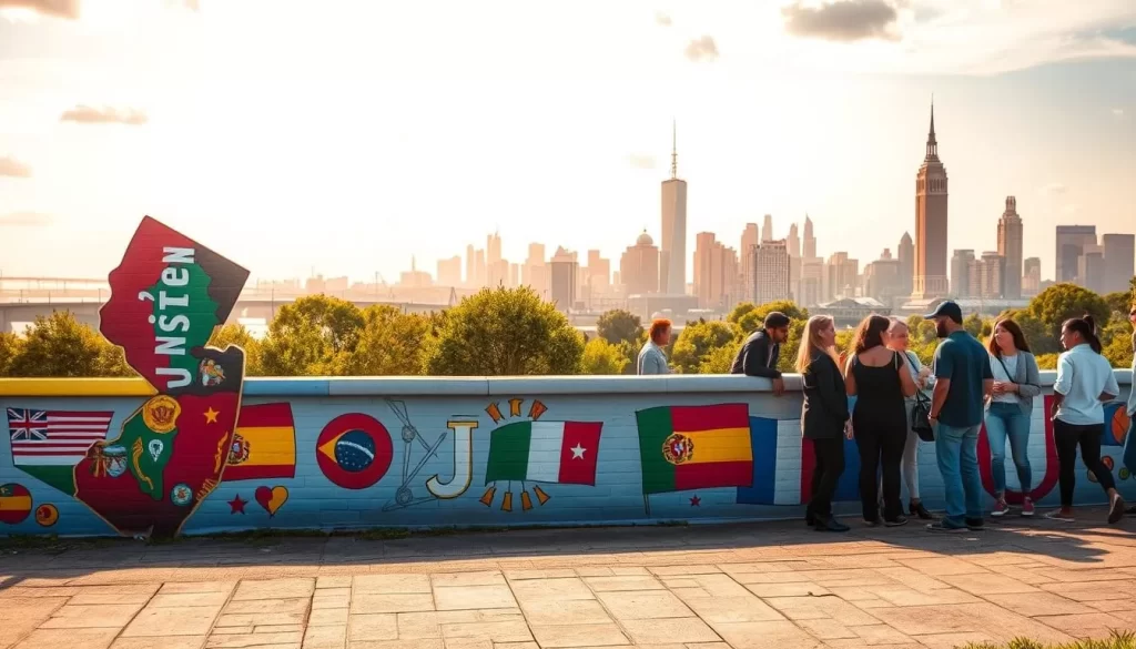 A picturesque landscape showcasing the linguistic diversity of New Jersey. In the foreground, a vibrant mural depicting the state's official language, English, alongside the emblems of its prominent languages, such as Spanish, Portuguese, and others. In the middle ground, people from diverse cultural backgrounds converse in their native tongues, their lively discussions captured in a series of realistic vignettes. The background features the iconic landmarks of New Jersey's cities, bathed in warm, golden sunlight that illuminates the harmony of this multilingual tapestry. The scene exudes a sense of inclusive community, where the rich linguistic heritage of the state is celebrated and embraced.