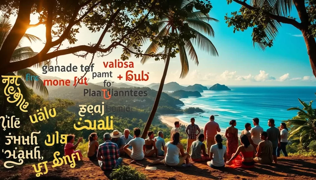 A picturesque landscape showcasing the linguistic diversity of the Andaman and Nicobar Islands, India. In the foreground, a vibrant display of native scripts and word forms dance across the scene, representing the region's official and widely spoken languages. The middle ground features groups of people engaged in lively conversations, their gestures and expressions conveying the richness of these ancient tongues. In the distant background, the lush, tropical forests and pristine beaches of the archipelago create a serene, sun-dappled backdrop, emphasizing the idyllic setting where these unique languages thrive. The composition is bathed in warm, golden lighting, evoking a sense of cultural warmth and harmony.