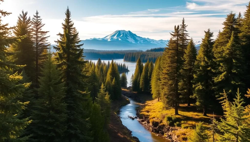 A picturesque landscape showcasing the natural beauty of Oregon during its most pleasant months. Capture a sun-dappled forest with towering evergreens, their verdant foliage casting soft shadows on the earthy forest floor. In the distance, a majestic mountain range rises, its snow-capped peaks glimmering in the warm, golden light. A serene lake or river winds its way through the scene, its tranquil waters reflecting the surrounding natural splendor. The overall mood should be one of tranquility, inviting the viewer to imagine themselves immersed in this idyllic Oregon setting during the best time of year to visit.