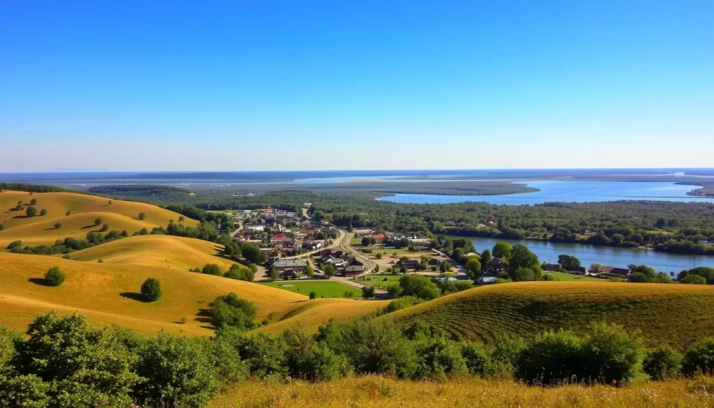 A picturesque landscape showcasing the natural beauty surrounding Vicksburg, Mississippi. In the foreground, rolling hills dotted with lush green trees and fields of wildflowers. In the middle ground, a winding country road leading to a charming small town with historic buildings and quaint shops. In the distance, the tranquil waters of the Mississippi River reflecting the clear blue sky above. Warm, golden sunlight bathes the scene, creating a serene and inviting atmosphere. The composition captures the essence of a perfect day trip from Vicksburg, highlighting the region's scenic rural charm and rich cultural heritage.