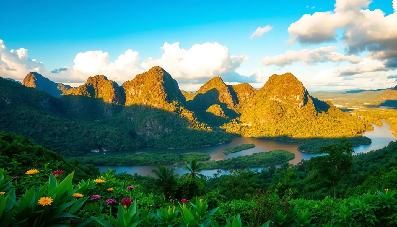 A picturesque landscape showcasing the natural wonders of Perlis, Malaysia. In the foreground, lush green hills dotted with tropical foliage and vibrant wildflowers. In the middle ground, a winding river reflecting the azure sky and fluffy white clouds. Towering limestone cliffs rise in the distance, their rugged surfaces casting dramatic shadows. The scene is bathed in warm, golden sunlight, creating a serene and inviting atmosphere. Capture the essence of Perlis' captivating state attractions through this tranquil, realistic scene.