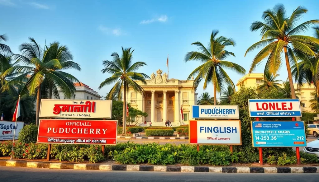 A picturesque landscape showcasing the official languages of Puducherry, a union territory in southern India. In the foreground, display vibrant signage and billboards in Tamil, French, and English - the three recognized official languages. Set against a backdrop of colonial-era architecture, lush palm trees, and a clear blue sky, the scene conveys the multicultural heritage and linguistic diversity of this coastal region. Capture the scene with a wide-angle lens, showcasing the harmonious coexistence of the different linguistic elements within the urban landscape. Employ soft, warm lighting to create a welcoming and inviting atmosphere, highlighting the cultural richness of Puducherry.