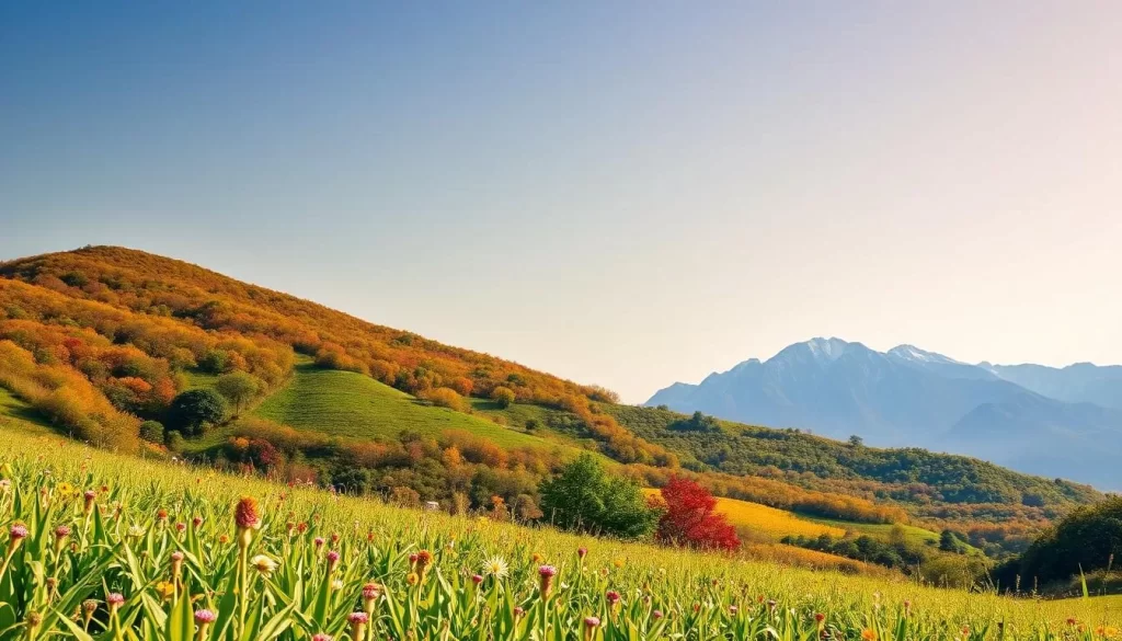 A picturesque landscape showcasing the temperature ranges of Miaoli County, Taiwan. In the foreground, a lush, verdant field dotted with vibrant wildflowers sways gently in a warm, golden light. The middle ground features a rolling hill dotted with vibrant, diverse foliage - from the rich greens of summer to the fiery hues of autumn. In the distance, a majestic mountain range stands tall, its peaks capped with a dusting of snow, representing the colder winter temperatures. The sky is a serene, cloudless blue, creating a sense of tranquility and balance. The overall scene conveys the varied, picturesque climate of this region throughout the year.