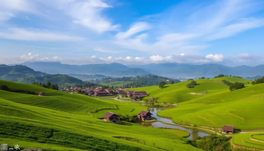 A picturesque landscape unfolds in Yunlin County, Taiwan. In the foreground, lush rolling hills dotted with verdant rice paddies stretch out towards the horizon. Gently meandering streams and ponds reflect the azure sky above, their serene waters complementing the verdant scenery. In the middle ground, traditional Taiwanese farmhouses and quaint villages nestle amidst the verdant landscape, their tiled roofs and ornate architecture evoking a timeless charm. In the distance, the misty silhouettes of mountains rise, their peaks cloaked in wispy clouds that catch the warm glow of the sun. The overall scene exudes a tranquil, peaceful atmosphere, inviting viewers to immerse themselves in the unspoiled natural beauty of this hidden gem of Taiwan.