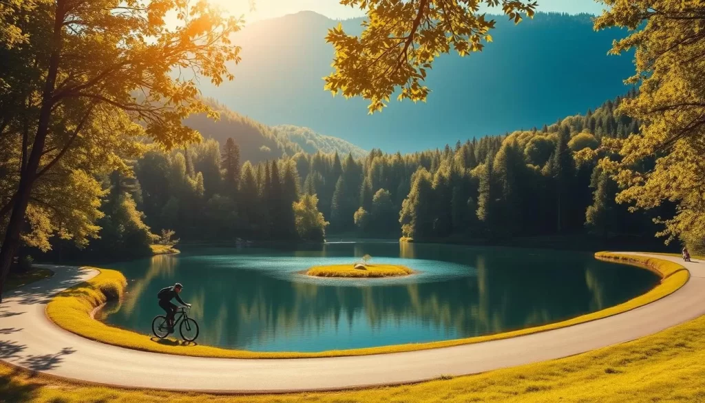 A picturesque landscape with a serene lake at the center, surrounded by lush, verdant forests. A cyclist rides along a winding path, navigating the gentle curves with effortless grace. Warm, golden sunlight filters through the canopy of trees, casting a soft, inviting glow over the scene. The water's surface reflects the tranquil surroundings, creating a mirror-like effect that adds depth and visual interest. The cyclist's silhouette stands out against the bright, blue sky, conveying a sense of adventure and outdoor recreation. The overall atmosphere is one of tranquility, peace, and the enjoyment of nature's beauty.