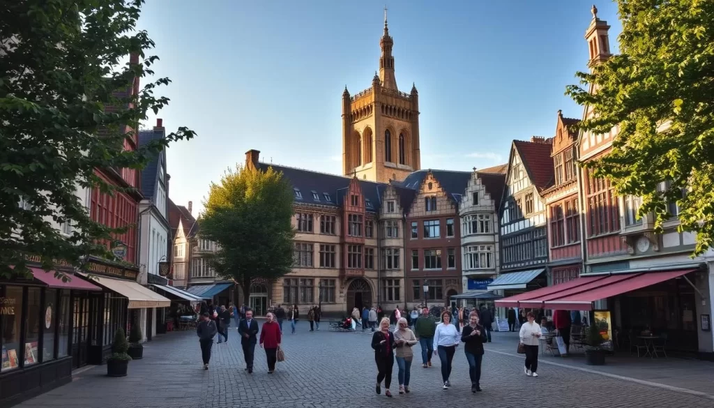 A picturesque medieval town nestled in the heart of Flanders, Ypres stands as a testament to Belgium's rich history. Capture the charming cobblestone streets, lined with quaint shops and cozy cafes, bathed in warm, golden sunlight. In the distance, the majestic Cloth Hall and Belfry tower soar skyward, their intricate architectural details casting long shadows across the bustling town square. Pedestrians stroll leisurely, pausing to admire the stunning Gothic-style buildings that flank the square, their timeless facades exuding a sense of timeless elegance. Lush, verdant trees frame the scene, lending a serene, picturesque ambiance to this historical gem.