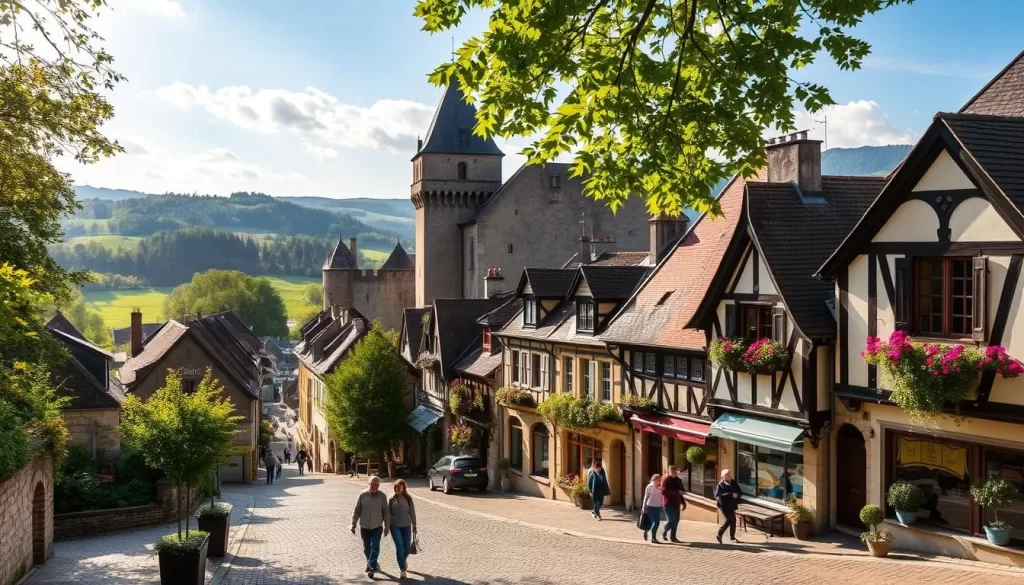 A picturesque medieval town nestled in the lush, rolling hills of Luxembourg. Larochette Castle towers majestically, its stone walls and turrets casting dramatic shadows. In the foreground, cobblestone streets are lined with charming half-timbered houses, their colorful facades and flower-filled window boxes radiating a quaint, historic ambiance. Locals and visitors stroll leisurely, taking in the serene atmosphere. Sunlight filters through the canopy of trees, casting a warm, golden glow over the scene. The surrounding countryside is visible in the distance, its verdant meadows and forested slopes creating a peaceful, pastoral backdrop. Capture the timeless allure and tranquil spirit of this picturesque Luxembourg town.