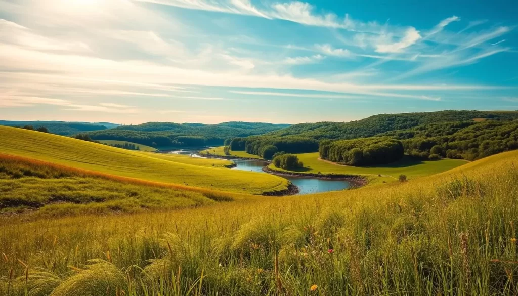 A picturesque midwestern landscape showcasing the diverse climate of Iowa. In the foreground, a verdant meadow dotted with swaying grasses and wildflowers. In the middle ground, a winding creek glistens under the warm, golden sunlight. The background features rolling hills blanketed in lush, emerald-hued forests. Wispy clouds drift across a bright, cerulean sky, casting gentle shadows over the tranquil scene. The composition captures the serene, pastoral beauty of Iowa's temperate climate, inviting the viewer to immerse themselves in the serene, weather-friendly environment.