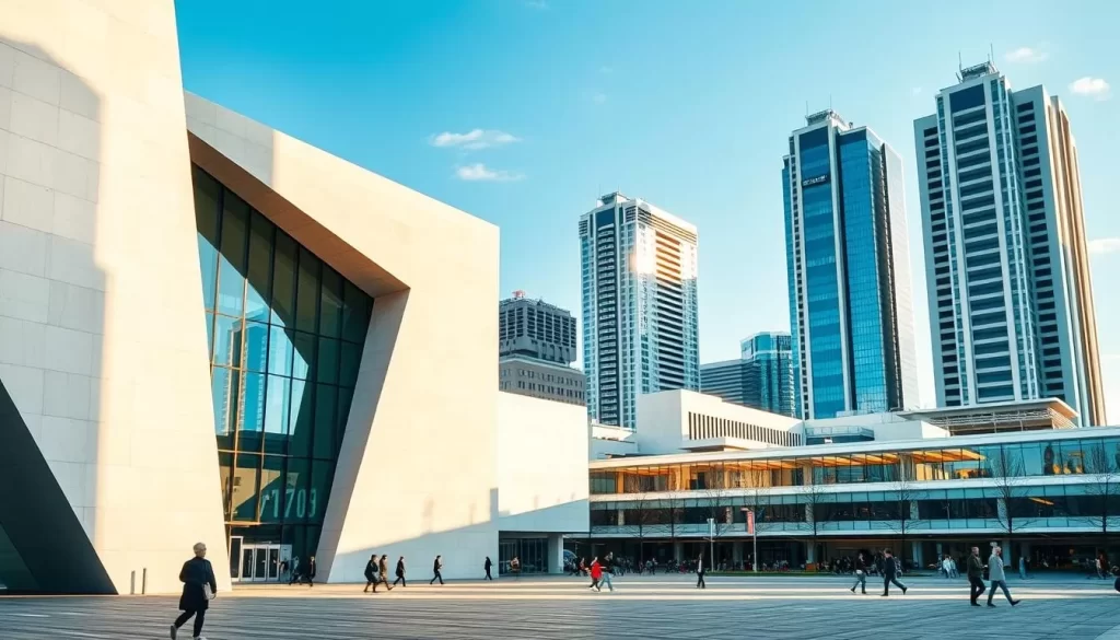 A picturesque modernist architecture tour showcasing the sleek, geometric facades of Katowice's iconic buildings. In the foreground, a grand, angular structure dominates the scene, its clean lines and asymmetrical design casting dramatic shadows across the plaza. In the middle ground, pedestrians stroll past mid-century marvels, their crisp, minimalist forms basking in the warm, diffused sunlight. The background features a harmonious skyline of towering, modernist skyscrapers, their reflective glass windows gleaming under a cloudless, azure sky. The overall atmosphere evokes a sense of architectural elegance, urban dynamism, and a celebration of the city's pioneering modernist legacy.