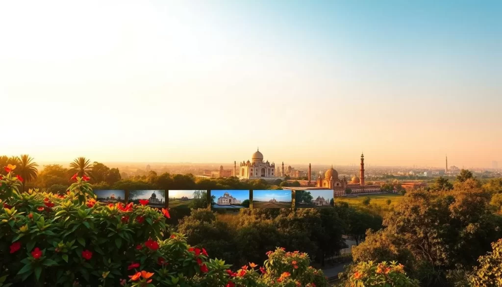 A picturesque montage showcasing India's diverse monthly weather patterns. In the foreground, a serene landscape with lush foliage and vibrant flora, bathed in warm, golden sunlight. The middle ground reveals a series of small vignettes, each depicting a distinct seasonal characteristic - from the monsoon rains to the crisp, cool winters. The background extends to a panoramic view of India's iconic landmarks, framed by a gradually shifting sky that transitions seamlessly through the seasons. Captured with a wide-angle lens, the composition creates a sense of depth and harmony, inviting the viewer on a visual journey through India's captivating weather cycle.