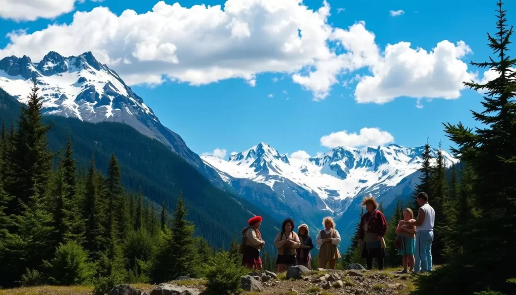 A picturesque mountain landscape in Alaska, with snow-capped peaks and lush evergreen forests in the foreground. In the middle ground, a group of Alaska Native people dressed in traditional attire, engaged in cultural activities such as storytelling, crafting, or dancing. The background features a clear, blue sky with fluffy white clouds, creating a serene and tranquil atmosphere. The lighting is natural and warm, highlighting the vibrant colors of the Native peoples' garments and the natural surroundings. The overall scene conveys a sense of cultural preservation and the rich linguistic diversity of Alaska's indigenous populations.