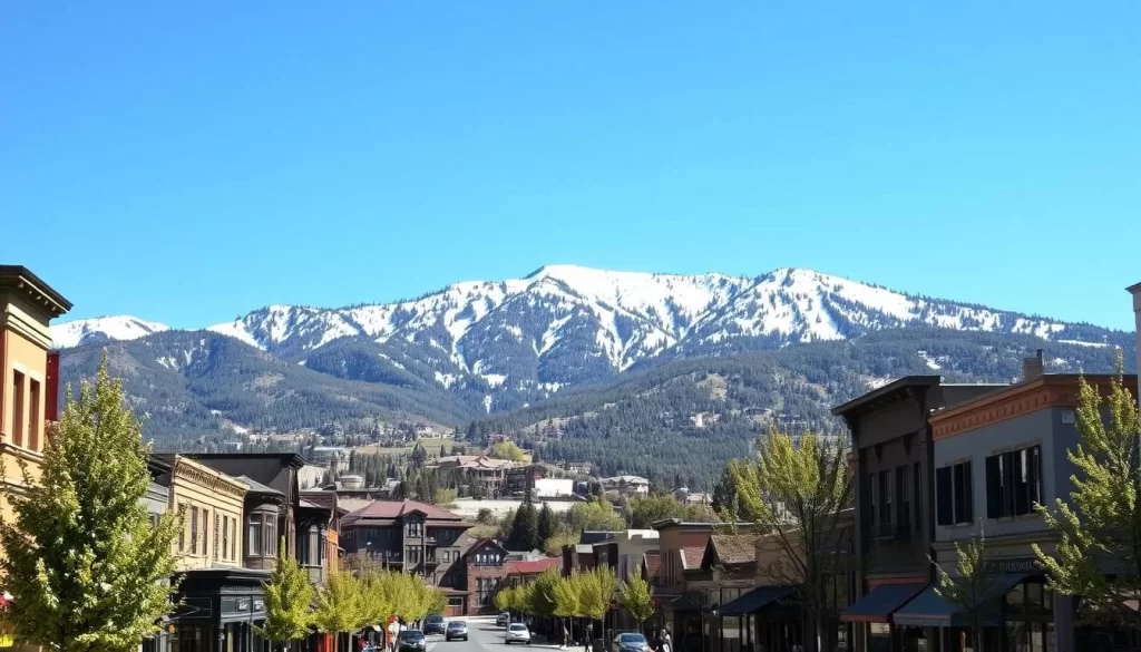 A picturesque mountain town nestled amidst the rugged peaks of the Wasatch Range, Park City exudes a charming Alpine ambiance. Capture the essence of this year-round destination with a sun-dappled scene showcasing the town's historic Victorian architecture, quaint Main Street lined with boutiques and cafes, and the majestic Aspen-covered slopes rising in the background. Framed by a clear blue sky, the image should convey a sense of adventure and tranquility, inviting the viewer to explore the wealth of outdoor activities and cultural attractions that make Park City a premier vacation spot.