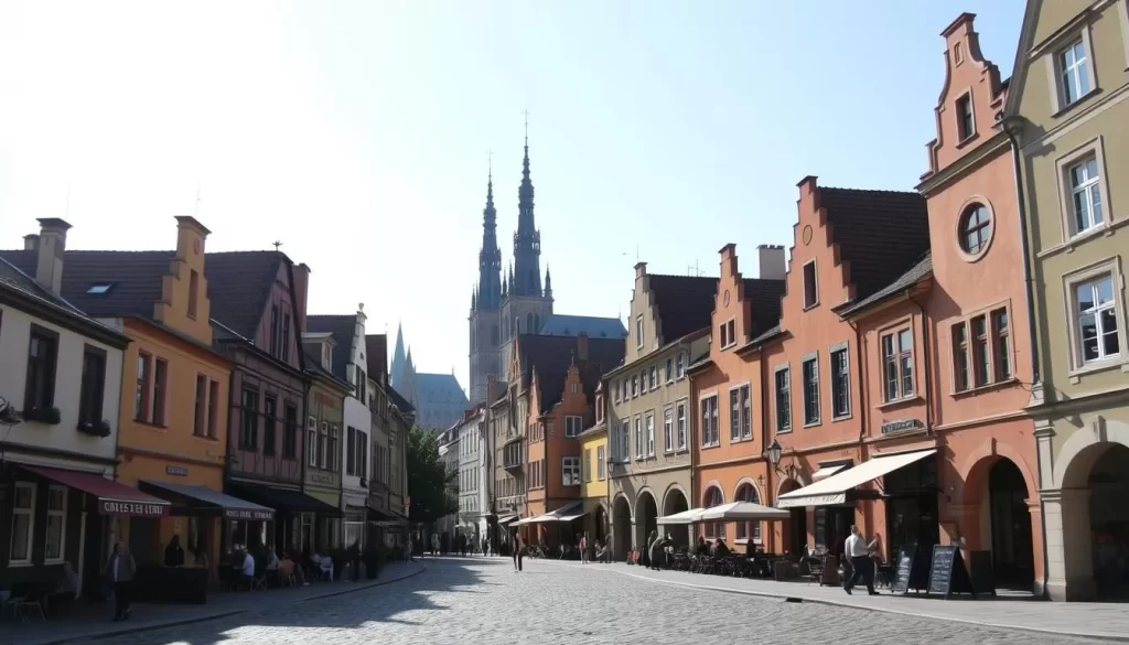 A picturesque old town in Bydgoszcz, Poland, on a pleasant sunny day. In the foreground, cobblestone streets lined with charming historic buildings in warm, earthy tones. Middle ground features quaint cafes, boutiques, and local vendors selling their wares. In the background, the spires and towers of medieval churches and landmarks rise into a bright, cloudless sky. Soft, diffused lighting highlights the intricate architectural details and creates a sense of timeless ambiance. Capture the vibrant yet tranquil atmosphere of this well-preserved historic district, a testament to Bydgoszcz's rich cultural heritage.