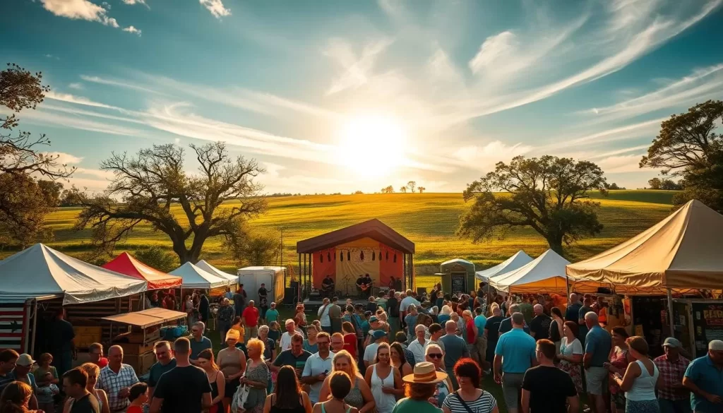 A picturesque outdoor scene of a Missouri festival in full swing. In the foreground, a vibrant crowd of attendees strolling through colorful vendor stalls, sampling local cuisine and crafts. The middle ground showcases lively musical performances on a stage, surrounded by tents and decorations. In the background, a rolling green landscape with towering oak trees, bathed in warm golden light from the sun peeking through wispy clouds. The atmosphere is one of community, celebration, and immersion in Midwestern culture. Crisp, high-resolution, cinematic lighting and composition.