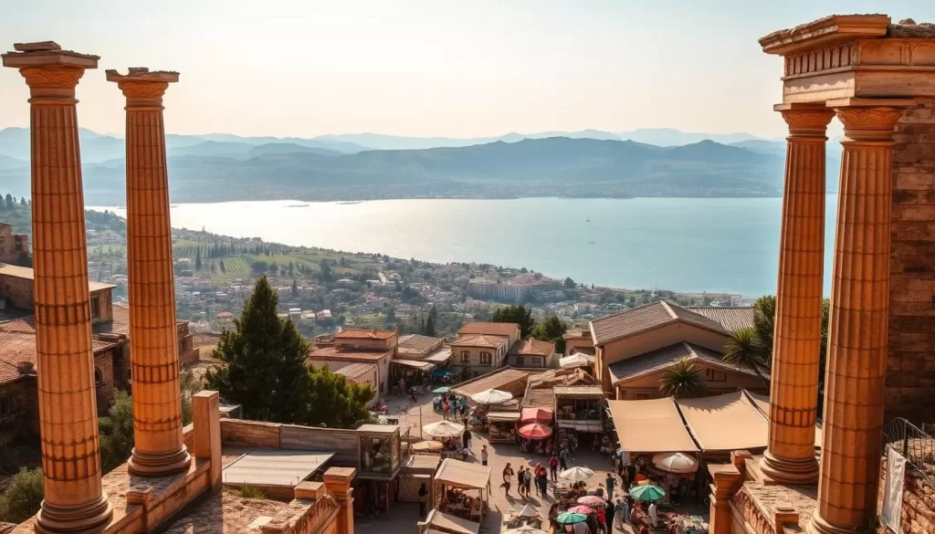 A picturesque panorama of Aydın, Turkey's Aegean gem. In the foreground, ancient ruins of a bygone era stand tall, their weathered stones bathed in warm, golden sunlight. In the middle ground, a bustling marketplace teems with local life, vibrant colors, and the tantalizing aromas of Turkish delicacies. Beyond, the rolling hills of the Aegean region stretch out, dotted with olive groves and vineyards. In the distance, the sparkling azure waters of the Aegean Sea glisten, inviting travelers to explore the hidden wonders of this enchanting land. A serene, picturesque scene that captures the essence of Aydın's timeless charm and natural beauty.