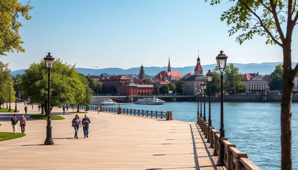 A picturesque promenade along the Vistula River in Toruń, Poland. Captured on a sun-dappled afternoon, the scene features a wide, tree-lined walkway with elegant period-style lampposts. In the foreground, pedestrians stroll leisurely, pausing to admire the river's gentle currents. The middle ground showcases the historic architecture of Toruń's Old Town, its distinctive red-brick buildings and spires reflected in the calm waters. The background frames a tranquil skyline, hazy blue hills fading into the distance. The overall mood is one of serene relaxation, inviting the viewer to imagine an idyllic afternoon spent exploring this picturesque riverside promenade.