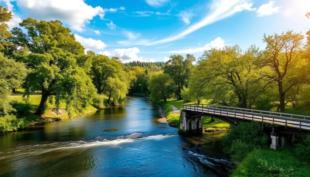 A picturesque river winding through a lush, verdant landscape. The Brda River flows gently, its clear waters reflecting the azure sky and the towering, ancient trees lining its banks. In the foreground, a quaint wooden bridge arches gracefully over the river, inviting exploration. Dappled sunlight filters through the canopy, casting a warm, golden glow over the scene. Wispy clouds drift overhead, adding to the serene, tranquil atmosphere. Capture the essence of this natural wonder, a true gem in the heart of Bydgoszcz, Poland, where outdoor activities and natural attractions abound.