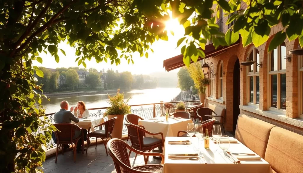 A picturesque riverside restaurant in Dinant, Belgium, with a charming terrace overlooking the tranquil Meuse River. The scene is bathed in warm, golden sunlight, creating a cozy and inviting atmosphere. Lush foliage frames the view, adding a touch of natural beauty. Tables are set with crisp white linens and simple yet elegant tableware, suggesting a refined dining experience. The restaurant's façade features classic Belgian architecture, with stone walls and inviting arched windows. A few people are seated at the tables, enjoying the scenic vista and savoring the local cuisine.