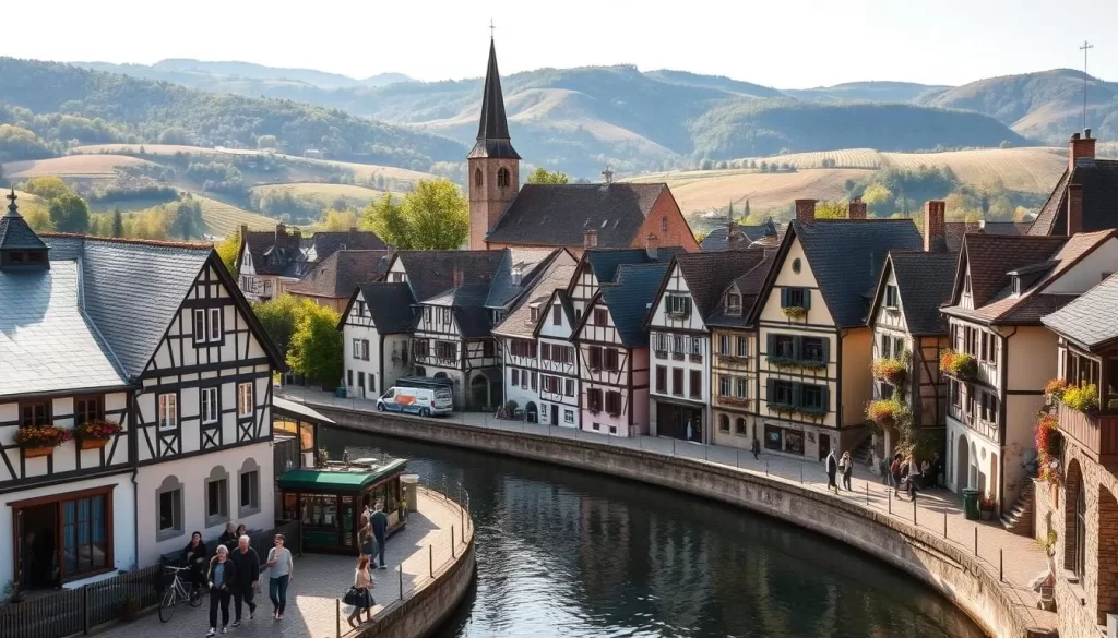 A picturesque riverside village nestled along the winding Moselle River, with charming half-timbered houses, quaint cobblestone streets, and colorful flower boxes adorning window sills. In the foreground, locals stroll leisurely, pausing to admire the serene waterfront. Midground features a historic church steeple and a cluster of traditional stone and slate-roofed buildings. The background showcases rolling hills and vineyards, bathed in warm, golden sunlight, creating a tranquil, idyllic atmosphere. Capture the essence of these beloved Moselle villages, where time seems to slow down and the beauty of the natural landscape is interwoven with the rich cultural heritage.