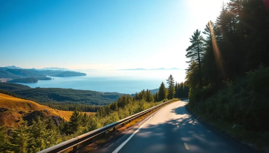 A picturesque road trip through the stunning Great Lakes region of the United States. In the foreground, a winding, two-lane highway winds its way through rolling hills and lush, verdant forests. In the middle ground, a pristine blue lake reflects the cloudless, azure sky, with distant, misty mountains on the horizon. Sunlight filters through the trees, casting a warm, golden glow over the entire scene. The camera angle is slightly elevated, capturing the serene and majestic beauty of this iconic American landscape. The mood is one of tranquility, adventure, and the pure, untamed splendor of nature.