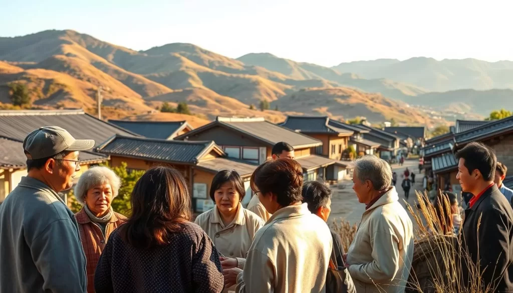 A picturesque rural landscape in South Gyeongsang Province, South Korea, showcasing the unique regional dialects. In the foreground, a group of locals engaged in lively conversation, their distinct accents and colloquialisms on full display. In the middle ground, traditional hanok-style houses and shops line the streets, their architectural details accentuating the local heritage. The background features rolling hills and a clear sky, bathed in warm, golden afternoon light, creating a serene and inviting atmosphere. The scene captures the essence of the region's linguistic diversity and cultural richness.
