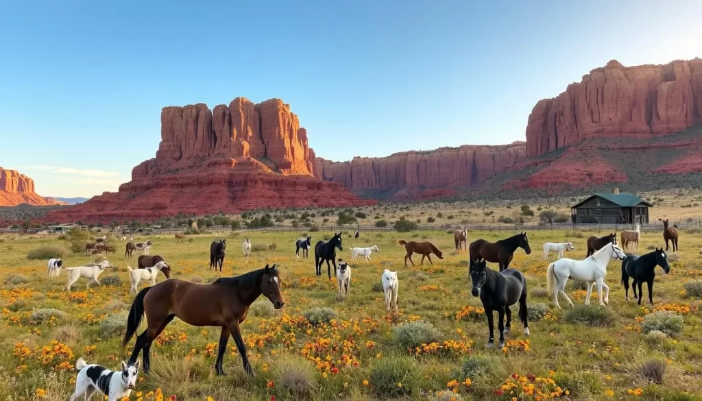 A picturesque sanctuary nestled in the heart of Kanab, Utah, where rescued animals find solace and joy. Capture the expansive meadows, dotted with vibrant wildflowers, and the towering red rock formations that create a stunning natural backdrop. Depict the sun's warm rays casting a gentle glow over the tranquil scene, as a variety of animals - from majestic horses to playful dogs - roam freely, showcasing the sanctuary's commitment to rehabilitation and protection. Utilize a wide-angle lens to emphasize the sanctuary's vast, serene landscape, and a shallow depth of field to draw the viewer's attention to the animal residents in the foreground. Convey a sense of peaceful coexistence and the sanctuary's role as a haven for these beloved creatures.